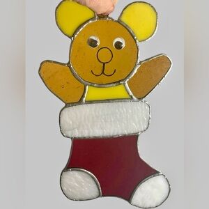 VTG Handmade Stained Glass Sun Catcher Teddy Bear Peeking Out Of Xmas Stocking